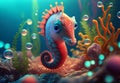 Cartoon seahorse on the sea background .Colorful hippocampus on the background of corals and algae.