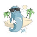 Cartoon seal with surf board and sunglasses, aloha vector design