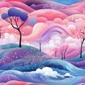 Cartoon seamless abstract background with trees, waterfall, clouds (tiled) Royalty Free Stock Photo