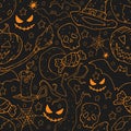 Cartoon seamless festive pattern with contours of themed elements on a neutral background. vector. Halloween. Royalty Free Stock Photo