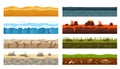 Cartoon seamless landscape grounds types, game foreground elements. Lava, ice, desert, grass ground layer surface texture vector