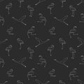 Cartoon seamless outline pattern of flamingos isolated on white background. Doodle vector animals are active dance fly, rejoice,