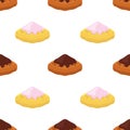 Cartoon seamless pattern of belgian, chinese waffles - yogurt, cream, chocolate