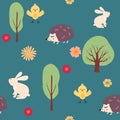 Cartoon seamless pattern for childish hare, hedgehog, chick in flowers and trees. Funny animals. Seamless pattern can be Royalty Free Stock Photo