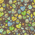 Cartoon Seamless Pattern of Colored Doodles Easter Eggs and Heart on Brown Background