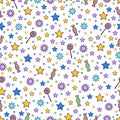 Cartoon seamless pattern, colorful background of colorful stars, candies, confetti, circles and peas and caramel on a white Royalty Free Stock Photo