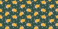Cartoon seamless pattern cute faces of characters rainbow toucans with big yellow beaks, smiles, and ruddy cheeks. Exotic heads of