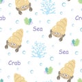 cartoon seamless pattern with cute hermit crab