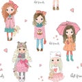 Cartoon seamless pattern with cute little baby girls.