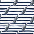 Cartoon seamless pattern with doodle bottles with message print. Blue and white striped background