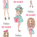 Cartoon seamless pattern with fashion summer cute girls.