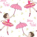 Cartoon seamless pattern with hand drawn beautiful, lovely, ballerinas girl with umbrella. Royalty Free Stock Photo