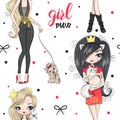 Cartoon seamless pattern with hand drawn cute fashion girls queen. Royalty Free Stock Photo