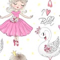 Cartoon seamless pattern with hand drawn cute little princess fairy girls. Royalty Free Stock Photo