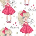 Cartoon seamless pattern with hand drawn cute little princess girl and cat. Royalty Free Stock Photo
