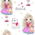 Cartoon seamless pattern with hand drawn cute little princess girls. Vector illustration.