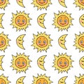 Cartoon seamless pattern with hand drawn doodle sun and moon Royalty Free Stock Photo