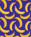Cartoon seamless pattern with juicy bananas on blue background. Tropical fruits. Vector pattern Royalty Free Stock Photo