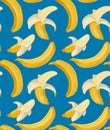 Cartoon seamless pattern with juicy bananas on blue background. Tropical trendy fruits. Vector contrast pattern Royalty Free Stock Photo