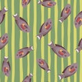 Cartoon seamless pattern in kids style with funne surgeon fish print. Green striped background