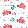 cartoon seamless pattern with lionfish, vector illustration