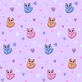 Cartoon seamless pattern with a little cat and hearts on a lavender background. Cute seamless pattern for little babies fabric.