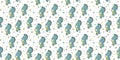 Cartoon seamless pattern of little cute smiling dinosaurs tyrannosaurus holding flowers and sniffing them and multicolored circles