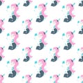 Cartoon seamless pattern of magical beautiful little mermaid girls with pink hair catching stars and bubbles on a white background Royalty Free Stock Photo