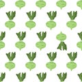 Cartoon seamless pattern for paper design with green kohlrabi root with green leaf. Eye catching element - inverted