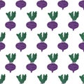 Cartoon seamless pattern for paper design with purple kohlrabi root with green leaf.