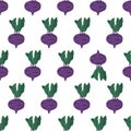 Cartoon seamless pattern for paper design with purple kohlrabi root with green leaf. Eye catching element - inverted