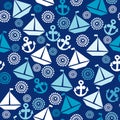 Cartoon seamless pattern with sail boats, anchors and stylized s