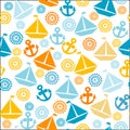 Cartoon seamless pattern with sail boats, anchors and stylized s