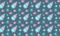 Cartoon seamless pattern of seashells, bubbles and starfish on a dark background in the Scandinavian style. Stylish childish nauti