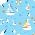 cartoon seamless pattern ship ocean sea background Royalty Free Stock Photo