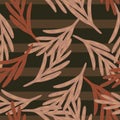 Cartoon seamless pattern with simple leaf twig silhouettes print in pink pale tones. Brown striped background