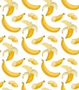 Cartoon seamless pattern with various juicy bananas on white background. Tropical trendy fruits. Vector pattern Royalty Free Stock Photo