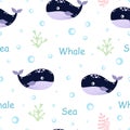 cartoon seamless pattern with whale, vector illustration