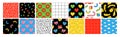 Cartoon seamless patterns. Vector illustration of heart, patch, earth, berry, hands, abstract faces etc. Royalty Free Stock Photo