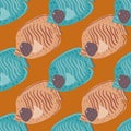 Cartoon seamless scrapbook pattern with beige and blue outline butterfly fish print. Orange background