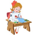 Cartoon seamstress working on electric sewing machine