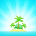 Cartoon Seascape with Exotic Island in Ocean under Clean Blue Sky Royalty Free Stock Photo