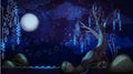 Cartoon seascape with moon and tree