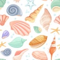 Cartoon seashell and starfish seamless pattern, tropical ocean. Clam, oyster shells, marine mollusk, summer beach Royalty Free Stock Photo