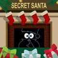 Cartoon Secret Santa Christmas invitation template with fireplace