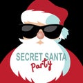 Cartoon Secret Santa invitation template with Santa Claus on a black background