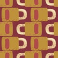 Cartoon secret seamless pattern with doodle lock door ornament. Decoration elements in orange pale tones on maroon background