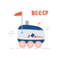 Cartoon self driving, smart delivery robot with bird. Lettering Beep. Bright simple illustration for sticker, web