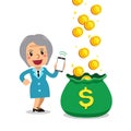 Cartoon senior business woman earning money with smartphone