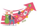 Cartoon senior couple with rising arrow of pension